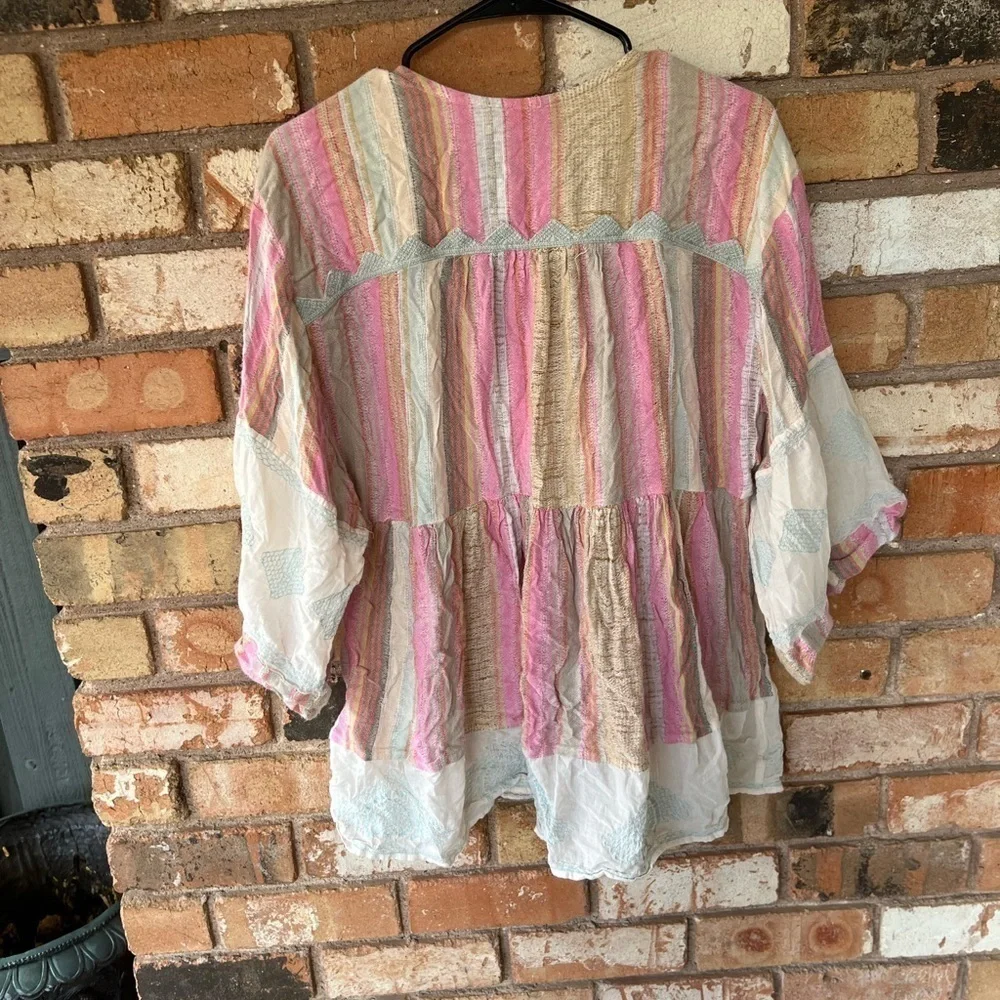Free People  boho Spring  Embroidered colorful Fun striped Tunic Top RARE!